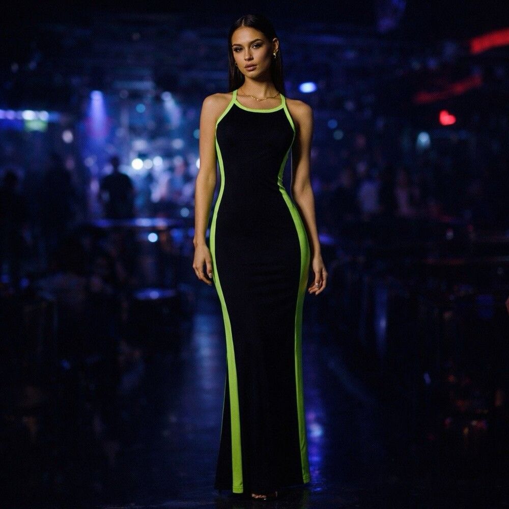 Vtg Y2K Black Neon Green Bodycon Maxi Dress Crisscross Back USA Clubwear S/M